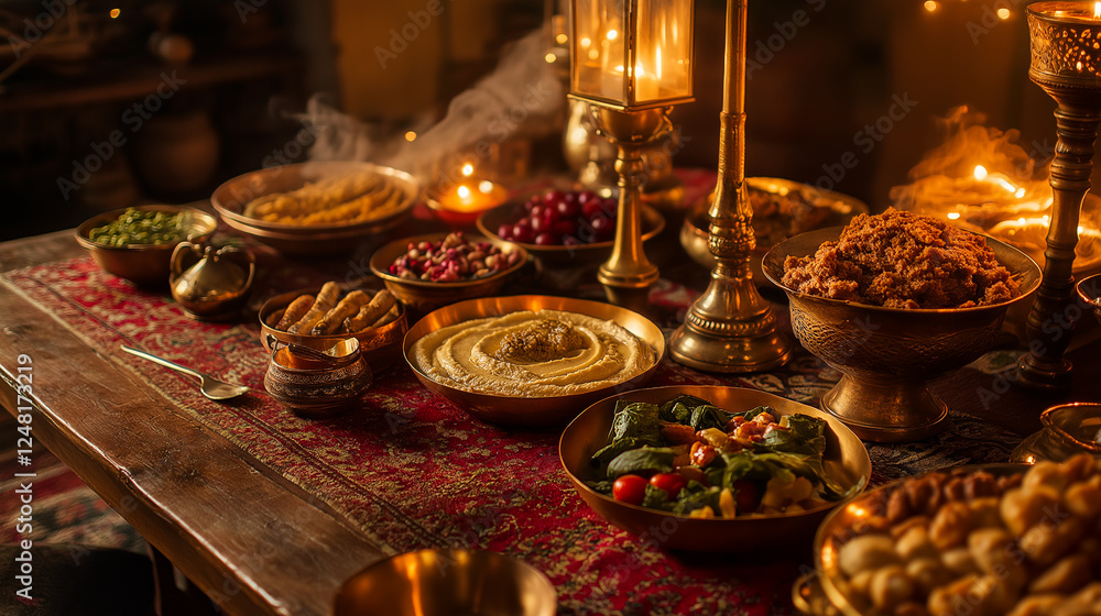 Fototapeta premium Arabic-Style Festive Food Table with Cozy Indoor Ambiance