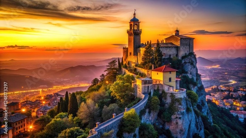 Historic San Marino's silhouette, mountains and sunset create a breathtaking photographic masterpiece.