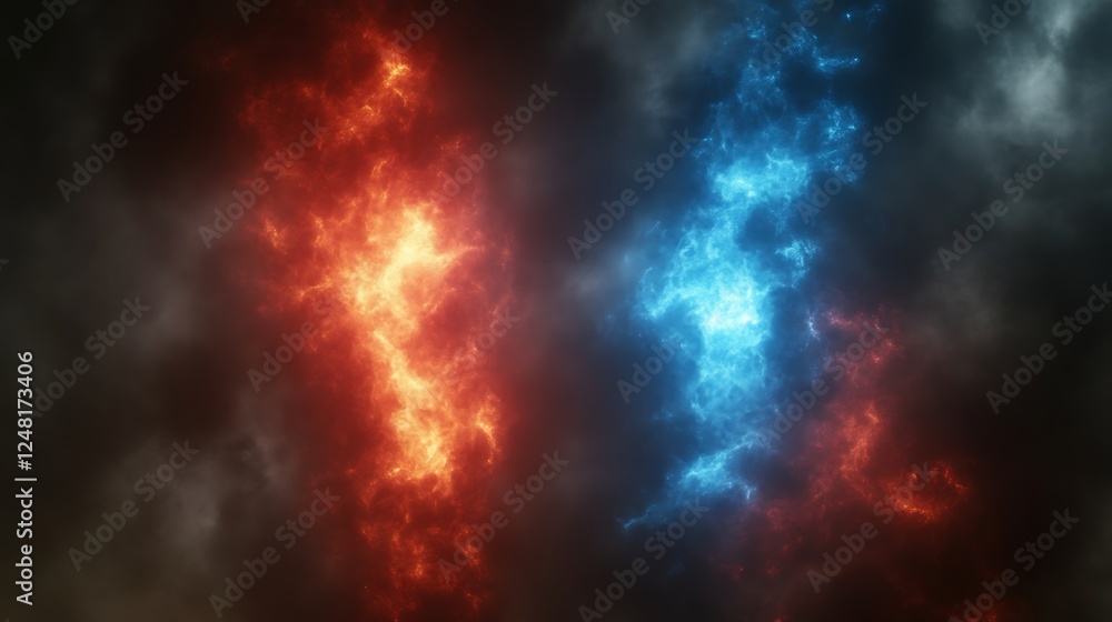 Naklejka premium Fiery Red and Icy Blue Nebulae Collide in Cosmic Dance