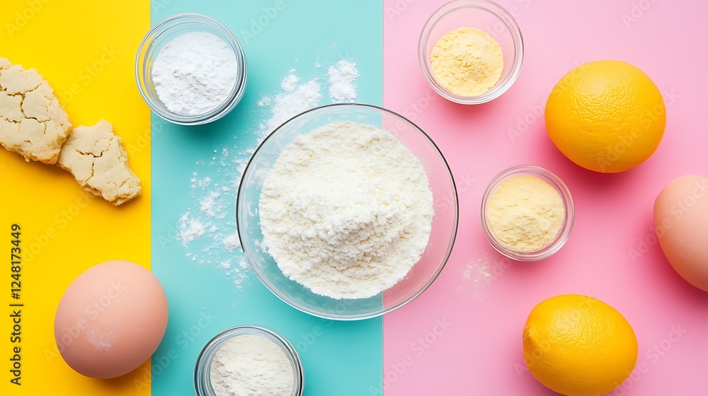 Mixing the ingredients for making cookies and corn starch isolated on a colorful background