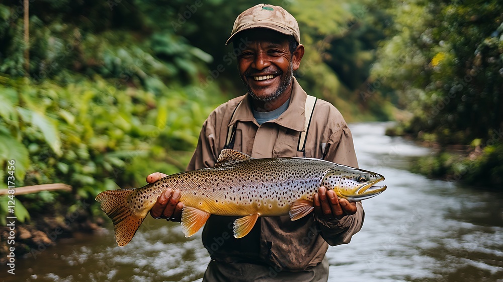 Happy Fisherman Holding A Large Brown Trout Happy Fisherman Holding A Large Brown Trout