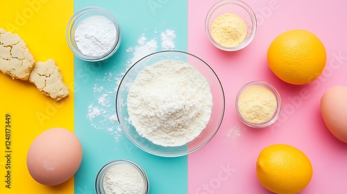 Obraz na płótnie Mixing the ingredients for making cookies and corn starch isolated on a colorful background w salonie