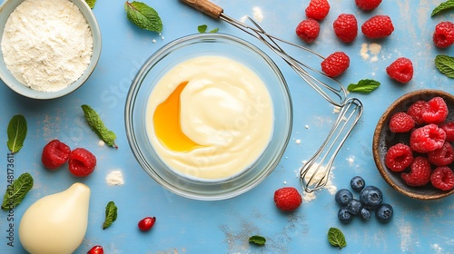 Obraz na płótnie Mixing vanilla pudding with ingredients on rustic table flat lay isolated on a colorful background w salonie