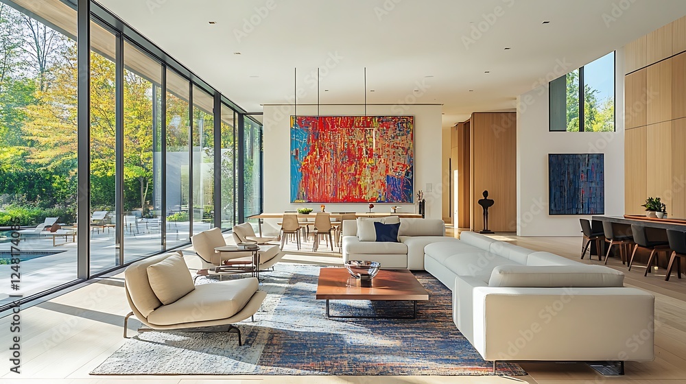 Modern living area with lots of daylight clean furnishings and a sizable piece of abstract art