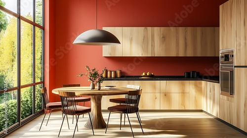 Obraz na płótnie Modern interior design of wooden kitchen with round dining table and chairs near window isolated on a colorful background w salonie