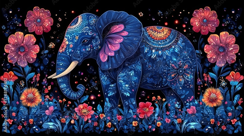 Obraz premium Ornate Illustrated Indian Elephant with Intricate Floral and Geometric Patterns in Vibrant Jewel Tones