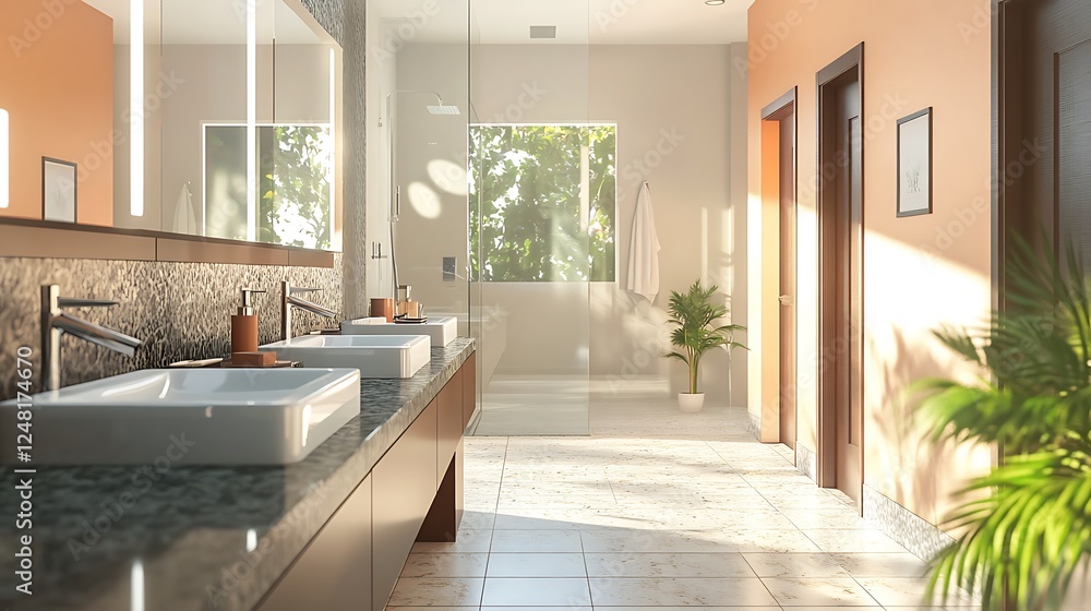 Modern new construction home house bathroom with granite countertops and a tile floor and double sinks isolated on a colorful background