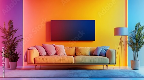 Obraz na płótnie Modern living room interior with smart tv sofa floor lamp and potted plant isolated on a colorful background w salonie
