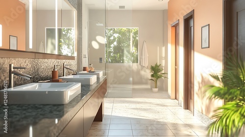 Obraz na płótnie Modern new construction home house bathroom with granite countertops and a tile floor and double sinks isolated on a colorful background w salonie