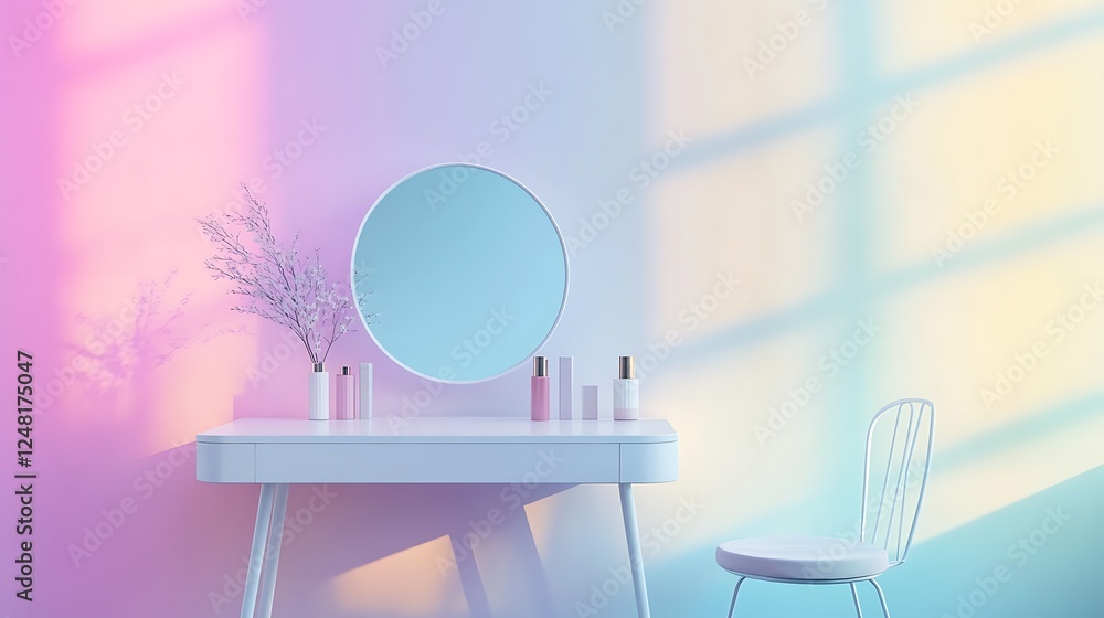 Modern white feminine dressing room with minimalist vanity table and mirror isolated on a colorful background