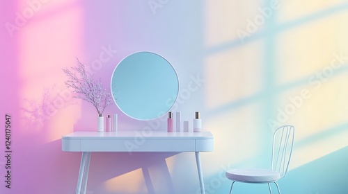 Obraz na płótnie Modern white feminine dressing room with minimalist vanity table and mirror isolated on a colorful background w salonie