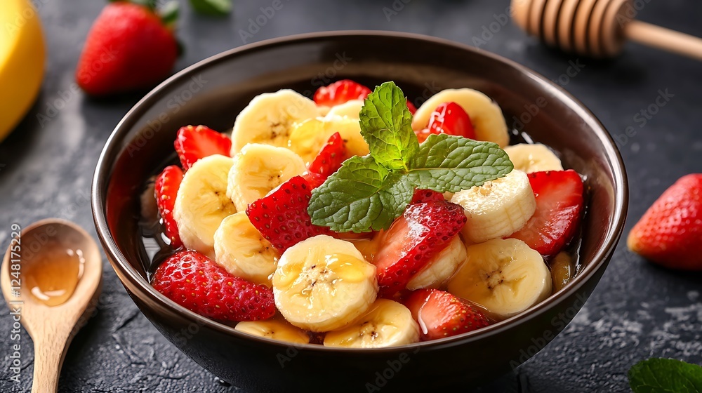 mouthwatering bowl filled with crisp slices of bananas and strawberry with honey sprinkled over them and leaves of mint on top