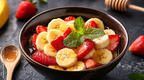 Obraz na płótnie mouthwatering bowl filled with crisp slices of bananas and strawberry with honey sprinkled over them and leaves of mint on top w salonie