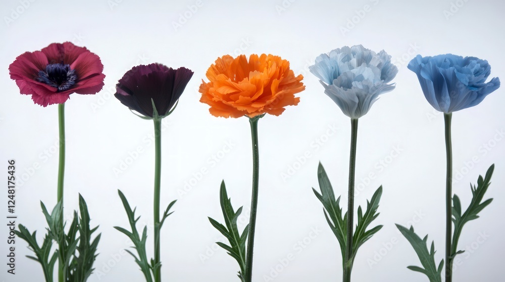 Naklejka premium Five Colorful Flowers In A Row On White Background