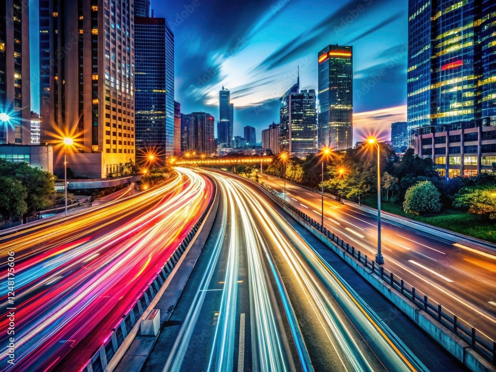 Fototapeta premium Long exposure captures stunning city nights: illuminated streets, light streaks, and a breathtaking urban blur.