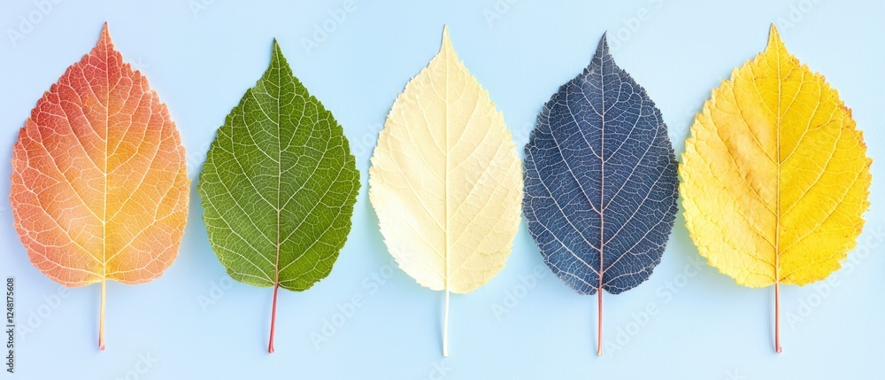 Four Seasonal Leaves In Gradient Colors On Light Blue Background Four Seasonal Leaves In Gradient Colors On Light Blue Background