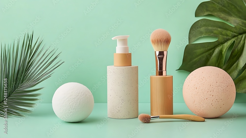 Natural cosmetics set organic zero waste products with brush and beauty blender isolated on a colorful background