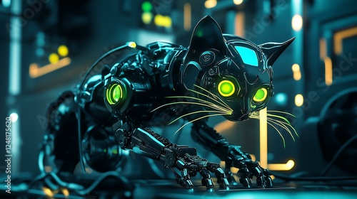 Cyberpunk Concept Futuristic robotic cat with glowing eyes in a high-tech environment. photo