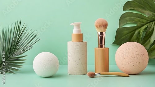 Obraz na płótnie Natural cosmetics set organic zero waste products with brush and beauty blender isolated on a colorful background w salonie