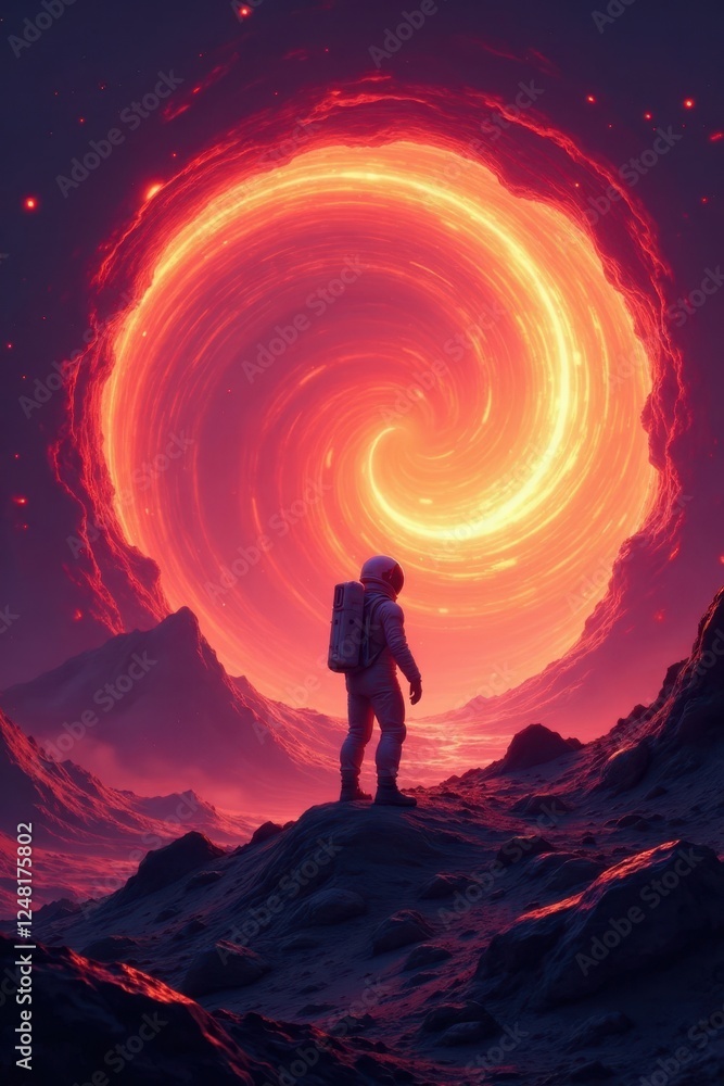 Silhouetted astronaut, swirling portal, alien landscape, rocks, discovery, dark Silhouetted astronaut, swirling portal, alien landscape, rocks, discovery, dark