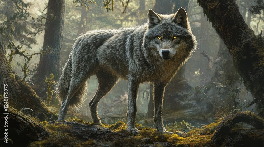 Fototapeta premium Majestic wolf in misty forest, sunrise light, nature scene, wildlife