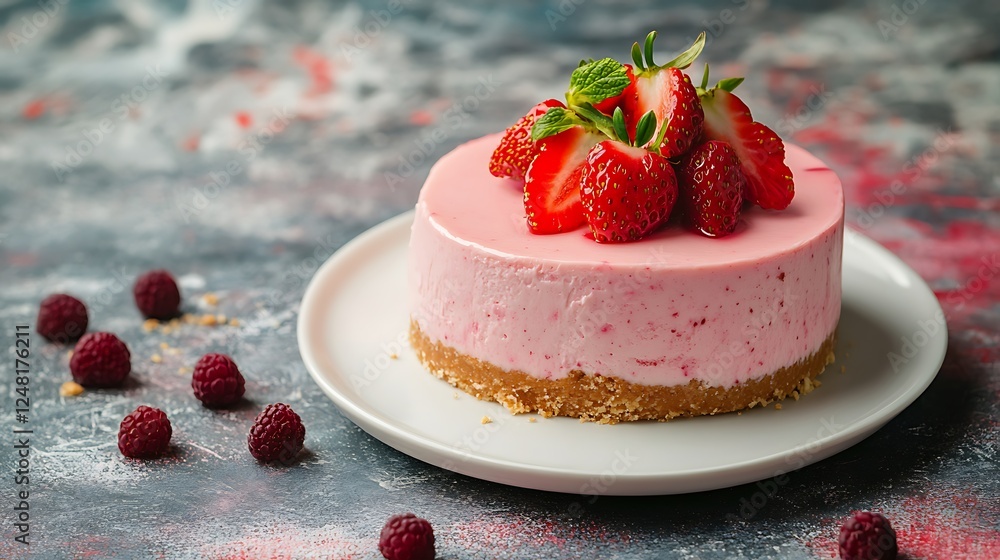 No bake cheesecake with fresh strawberries on top on a white plate on a gray concrete isolated on a colorful background