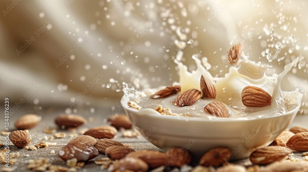 Almonds falling into fresh dairy-free milk almonds Almonds falling into fresh dairy-free milk almonds