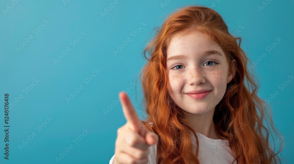 Portrait of smiling red-haired Asian Girl pointing at camera on blue background, AI generated image Portrait of smiling red-haired Asian Girl pointing at camera on blue background, AI generated image