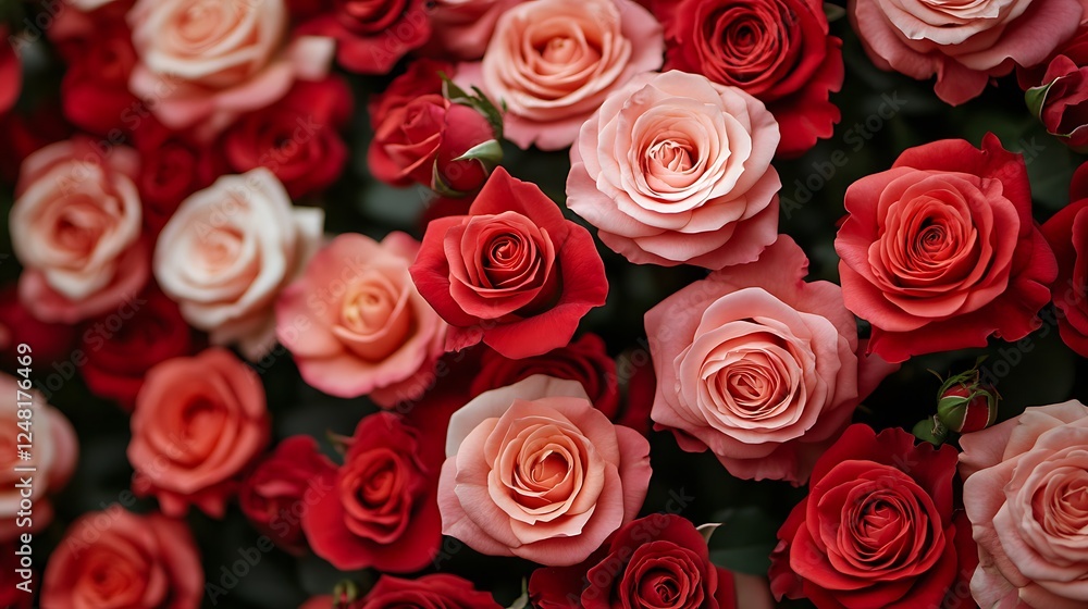 Numerous red and blush colored roses in close up Numerous red and blush colored roses in close up