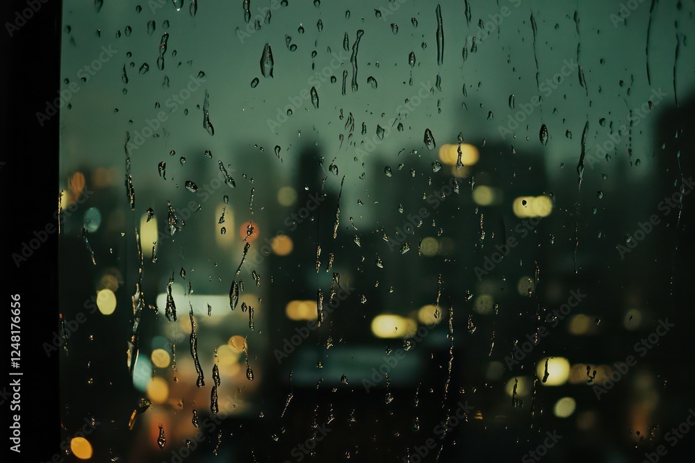 Naklejka premium Rainy day window view with droplets creating patterns on the glass and blurry city lights visible beyond.