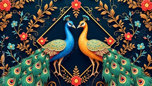 Intricate Peacock Pattern with Diamond Borders and Gold Accents