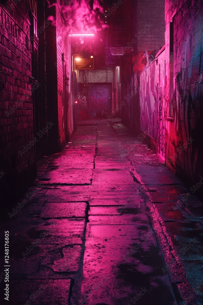Pink-lit urban alleyway at night; graffiti; mystery; background blur; website/game backdrop Pink-lit urban alleyway at night; graffiti; mystery; background blur; website/game backdrop