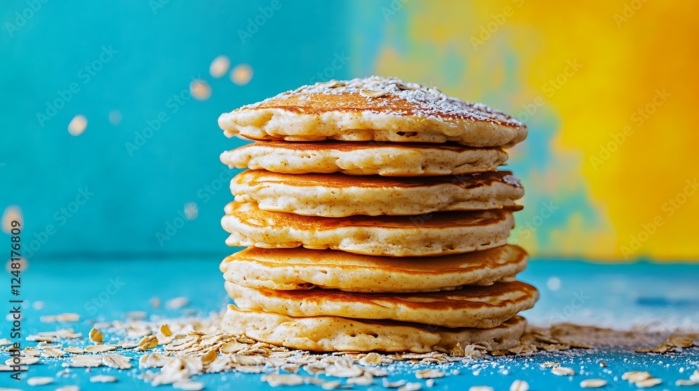 Oatmeal pancake vegan recipe homemade breakfast stacked including ingredients as oat flour ground flax isolated on a colorful background