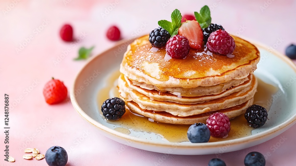 Oatmeal pancakes with berries and honey isolated on a colorful background