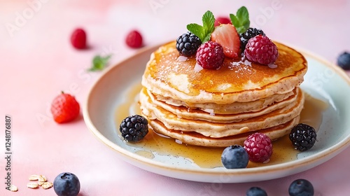 Obraz na płótnie Oatmeal pancakes with berries and honey isolated on a colorful background w salonie