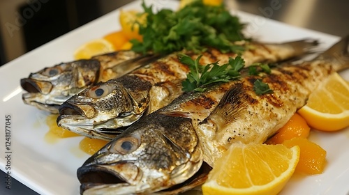 Obraz na płótnie Ocean bass fish grilled with wedges of citrus w salonie