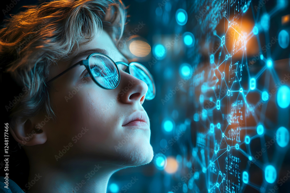 Young man wearing glasses analyzing digital data and network connections on a futuristic glowing screen Young man wearing glasses analyzing digital data and network connections on a futuristic glowing screen