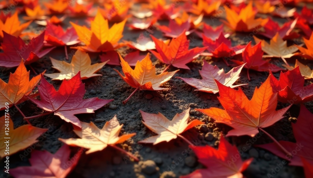 Vibrant red, orange, yellow leaves scattered on ground, landscape, fall foliage Vibrant red, orange, yellow leaves scattered on ground, landscape, fall foliage