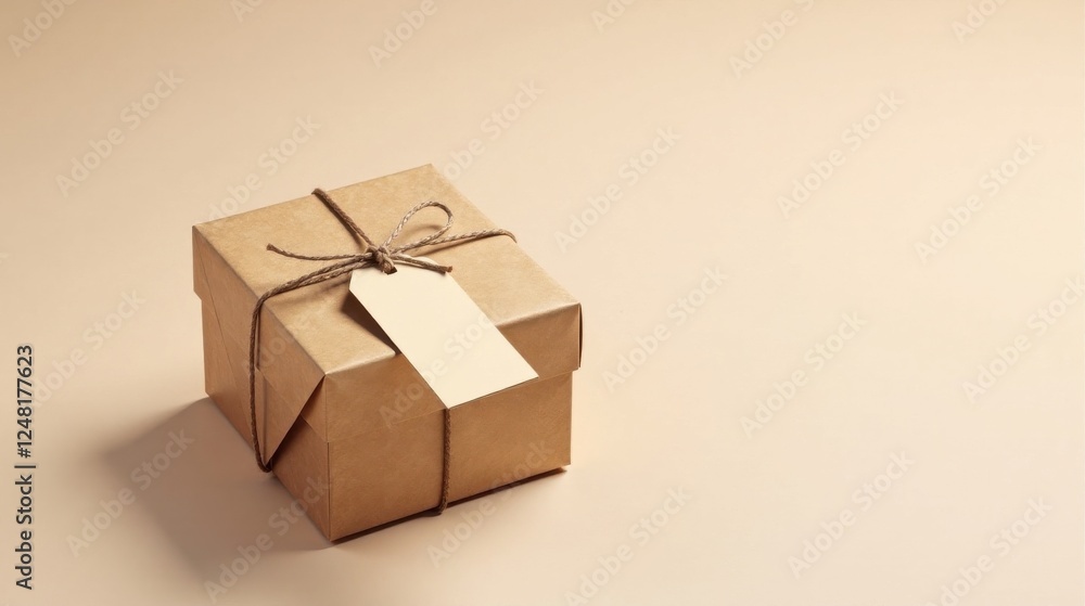 Fototapeta premium A Simple Brown Gift Box Tied with Twine and a Blank Tag Ready for Personalization