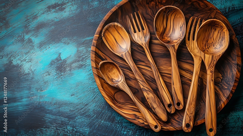 Olive wood tableware on dark wooden isolated on a colorful background