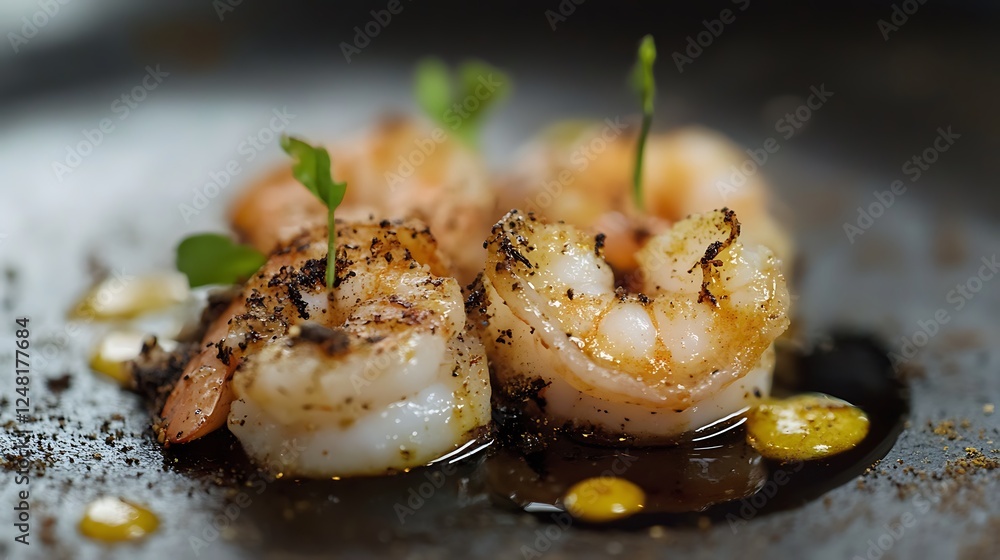 On a black origins grilled shrimp with spices and a smooth spicy lemony sauce