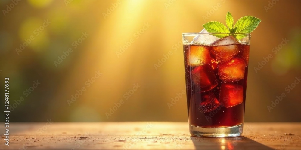 Refreshing Iced Beverage with Mint Garnish on Wooden Surface in Warm Sunlight Refreshing Iced Beverage with Mint Garnish on Wooden Surface in Warm Sunlight