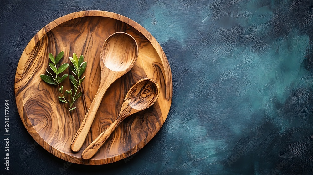 Olive wood tableware on dark wooden isolated on a colorful background