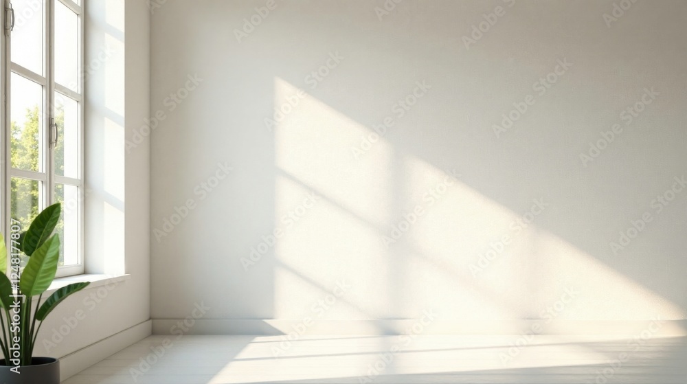 Fototapeta premium Sunlit Room Interior Design Mockup Empty Space with Plant and Window Light