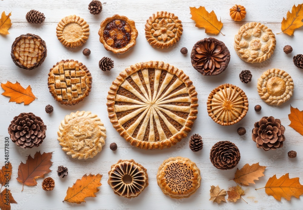 Assorted Beautifully Crafted Pies Displayed with Autumn Leaves and Pine Cones on White Wooden Surface Assorted Beautifully Crafted Pies Displayed with Autumn Leaves and Pine Cones on White Wooden Surface