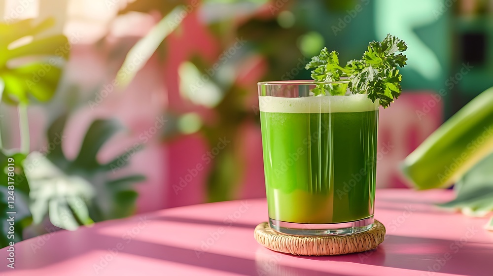 On a pink table is a nutritious vegetable juice in an ecologic rattan cup