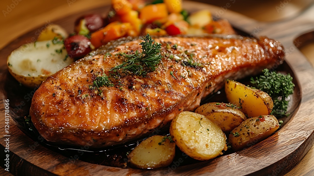 On a wooden surface a fried salmon steak is served with potato and veggies