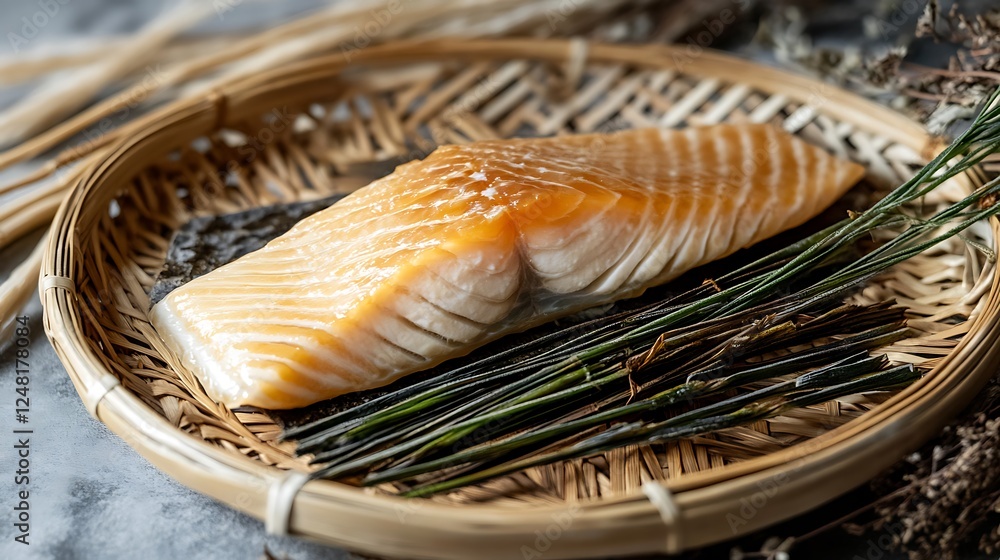 On a platter with stalks is a piece of roasted white salmon