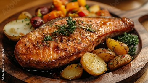 Obraz na płótnie On a wooden surface a fried salmon steak is served with potato and veggies w salonie