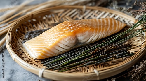 On a platter with stalks is a piece of roasted white salmon